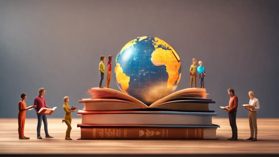 Estratégias de marketing educacional representadas por livros coloridos, um globo iluminado e miniaturas de estudantes em uma mesa de madeira.