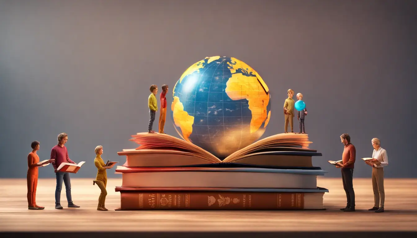 Estratégias de marketing educacional representadas por livros coloridos, um globo iluminado e miniaturas de estudantes em uma mesa de madeira.